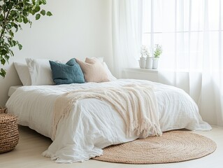 Guest room with white walls, white bed with pastel pillows, and simple accessories