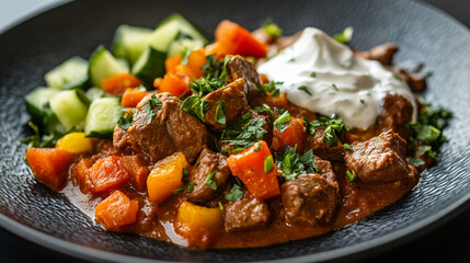 Delicious Beef Stew with Vegetables and Yogurt Garnish