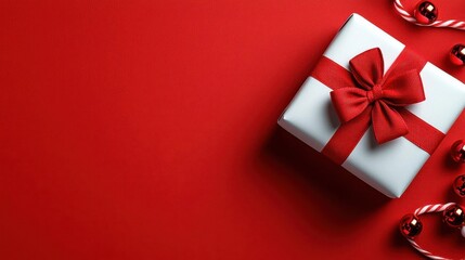 A photostock of a red bow tied on a white gift box, on a festive background.
