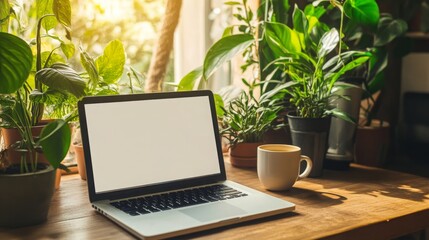 A white laptop computer sits open on a wood desk. The laptop is positioned on the right side of the frame. The screen is white. There is a cup of coffee in front of the laptop.