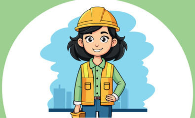 Woman mascot with engineer helmet in drawing style, representing an engineering company.