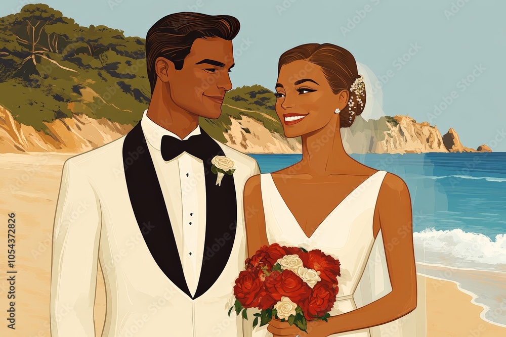 Poster bride and groom in a luxurious beachfront setting with warm smiles symbolizing love unity and joy in