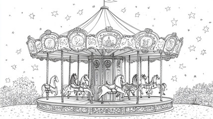 Vintage Carousel Illustration with Horse Figures and Stars