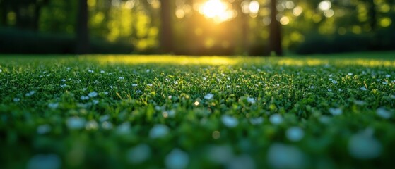Naklejka premium Close-Up of Green Grass and White Flowers in a Sunlit Forest