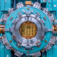 Naklejka premium Close-up of a complex industrial machine with a circular design.
