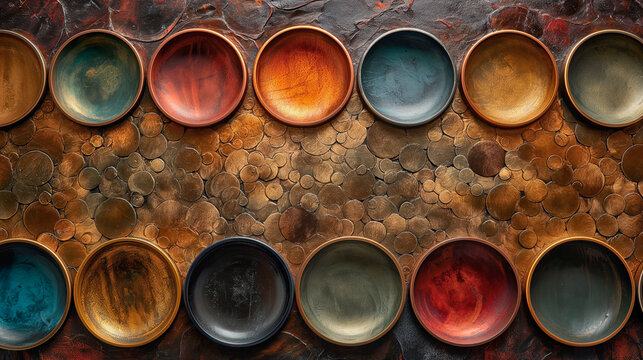 Wallpaper with colourful plates on wooden background.