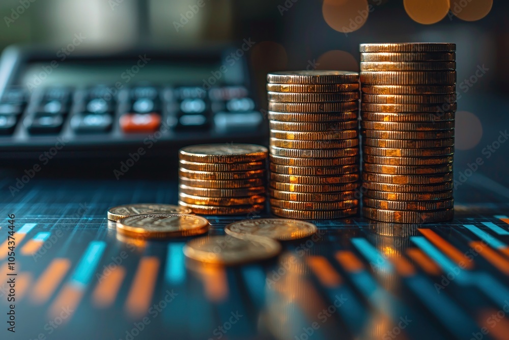 Aufkleber Stacks of Golden Coins on a Chart with a Calculator in the Background