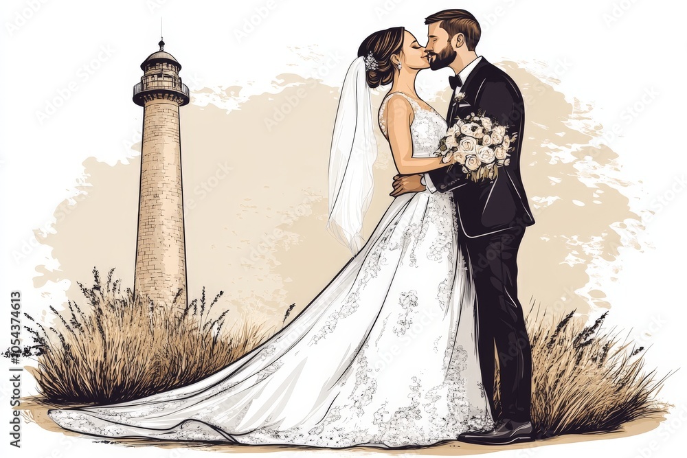 Poster bride and groom posing by a historic lighthouse symbolizing guidance and unity with the lighthouse t