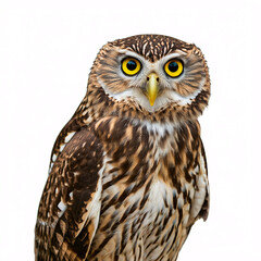 A majestic owl with piercing yellow eyes stares directly at the camera, its intricate plumage visible against a white background