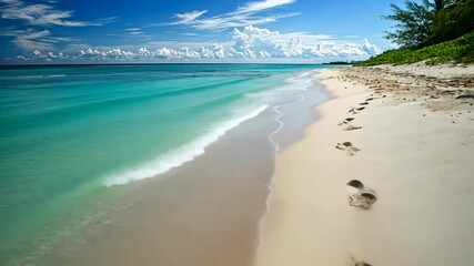 A pristine beach in the Caribbean with turquoise water and white sand. The footprints in the sand indicate someone enjoyed a relaxing walk