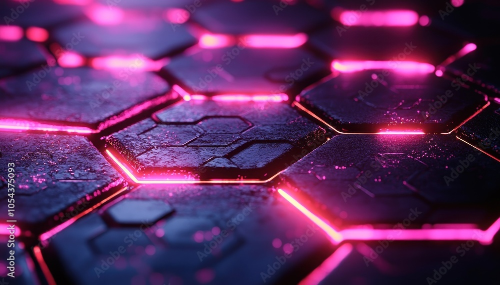 Poster abstract glowing hexagon pattern with pink neon lights