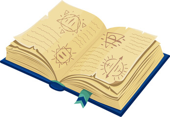 Medieval ancient alchemy or spell book game icon, vector UI asset. Open magic spellbook, old book and manuscript with grunge parchment paper pages, witch or wizard spells and blue ribbon bookmarks