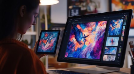 A woman is sitting at a desk, holding a tablet in her right hand. The tablet screen displays a colorful digital painting.