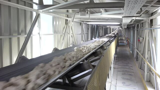 Industrial belt conveyor transporting limestones from quarry mine