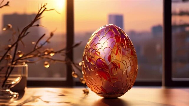 Red, purple and golden egg with a beautiful picture on it on the table at golden hour sunset
