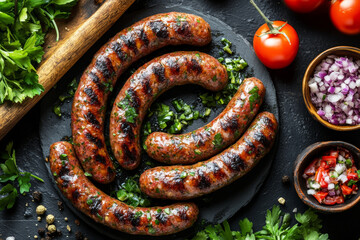 Grilled sausages and fresh herbs for barbecue.