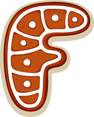 Christmas font, gingerbread cookie biscuit letter F for Xmas alphabet type, vector holiday typeface. Christmas font of cartoon bakery gingerbread cookie typeset, letter F biscuit with winter ornament