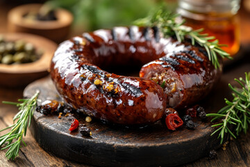Grilled sausage on wood and herb background. Sausages for barbeque.