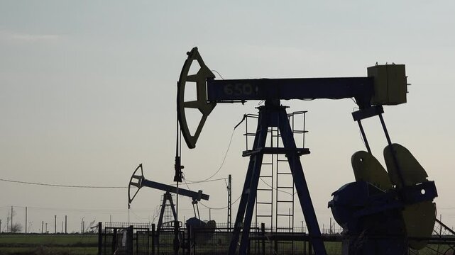 Silhouette of oil pumps in field