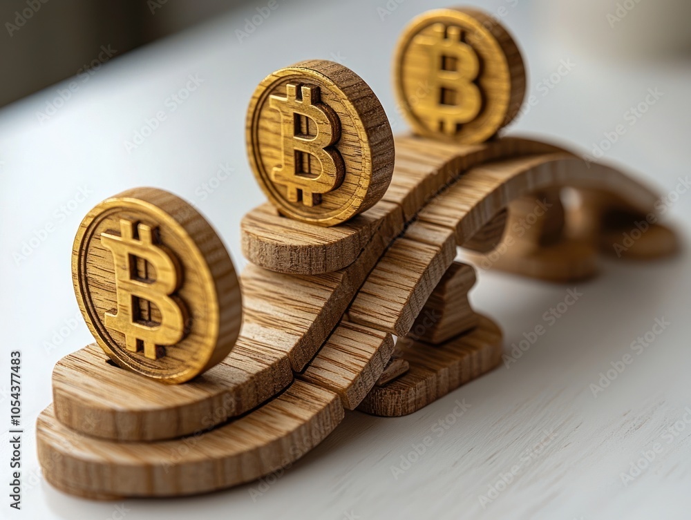 Poster wooden bitcoin coins on a bridge structure