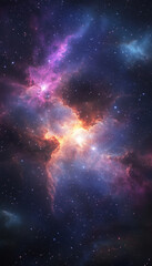 Obraz premium Stunning cosmic nebula with vivid purples, blues, and fiery oranges, sharply defined against the starry void, exuding mystery and celestial beauty.