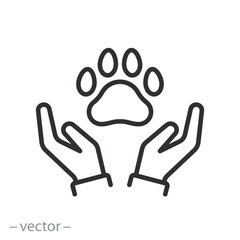 insurance pet icon, animal care, paw in hands, thin line vector illustration