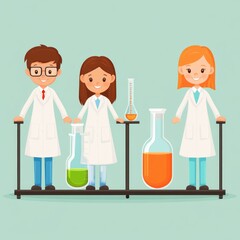 Three cartoon scientists with colorful beakers and flasks in a lab setting.