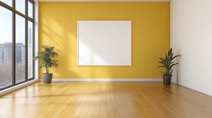 White Frame on Bright Yellow Wall: A plain white frame popping against a vivid yellow background, lending a bold and cheerful energy to the space.