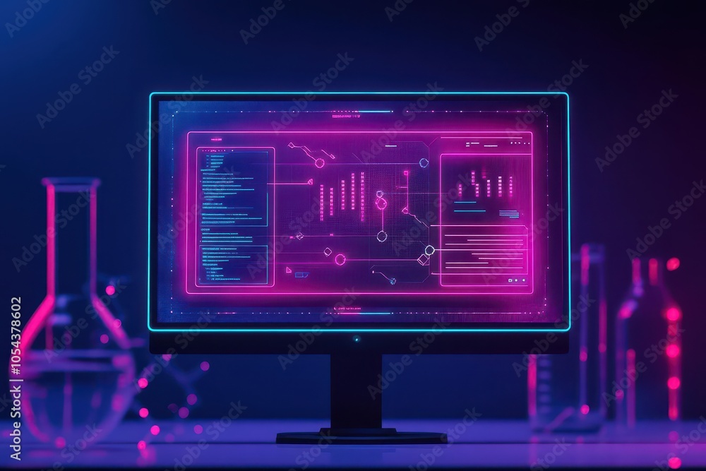 Poster multidisplay monitor with neon futuristic interface flat design front view scifi lab theme cartoon d