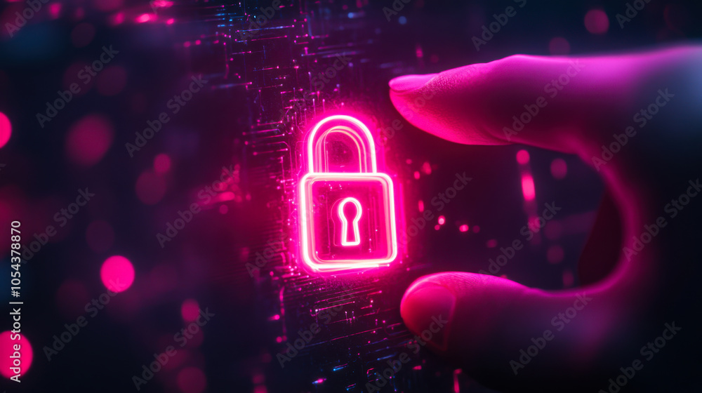 Poster a glowing red lock symbol with a hand about to touch it, emphasizing security and protection in a di