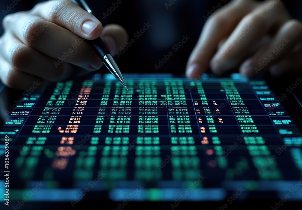 Poster a person analyzing financial data on a digital device