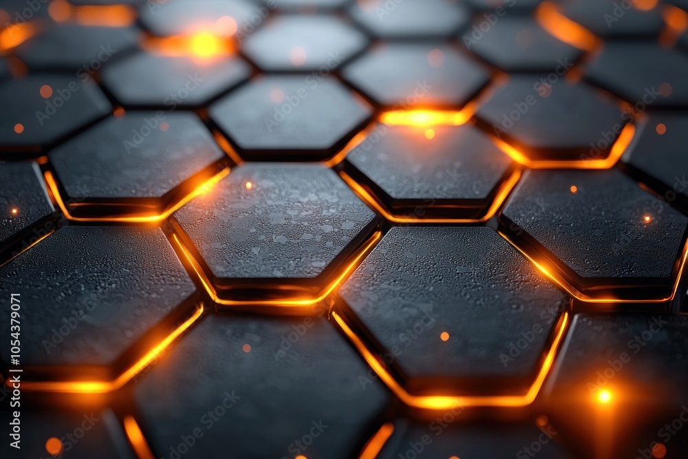 Poster close-up of a black honeycomb pattern with glowing orange edges