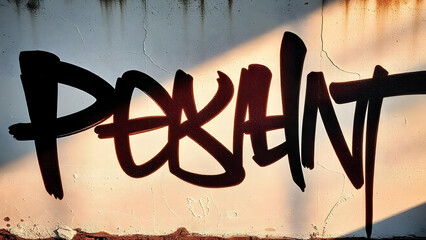 4K stylized graffiti lettering with large black letters on a street white wall.
