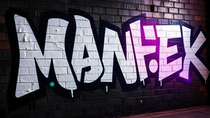 Fototapeta premium 4K stylized graffiti lettering with large white letters on a brick street black wall. 