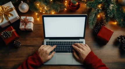 Santa Claus enjoys online holiday shopping while planning Christmas gifts beside a beautifully decorated table