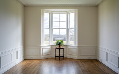 Fototapeta premium White walls green plant wooden floor elegant interior design classic home decor peaceful and serene perfect for a cozy and inviting atmosphere 