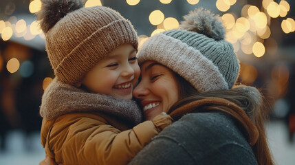 Obraz premium Happy Family Winter Holiday Celebration Mother and Child Hugging