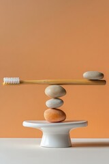 Balancing Pebbles and Bamboo Toothbrush on Ceramic Stand Minimalist Zen Composition Balance Concept