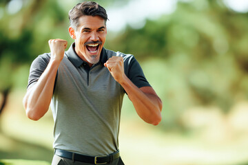 Excited Mature Male Golfer Celebrates Victory with Raised Fists and Joyful Expression Outdoors triumph and fulfillment competitive goal.