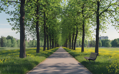 Fototapeta premium Green trees brown bench and a path leading to a peaceful summer day 