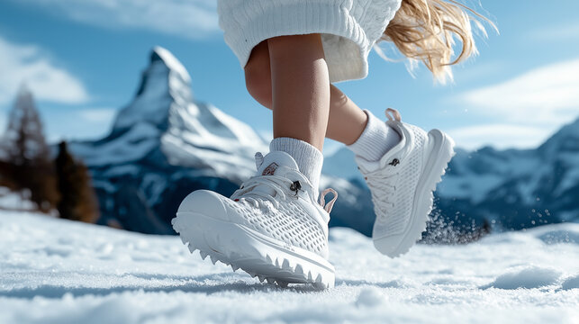 Runner Exploring a Snowy Mountain Landscape With a Bright Sky While Wearing Athletic Footwear