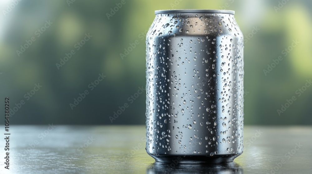 Poster A metallic can sits on a shiny surface, glistening with water droplets that highlight its coolness. The background suggests a bright afternoon, enhancing the refreshing feel of the scene.