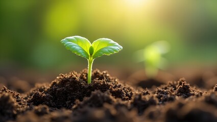 Fototapeta premium Vibrant green sprout emerging from dark peat moss bed in morning light