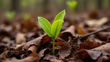 Fresh green sprout emerging through decaying autumn leaves