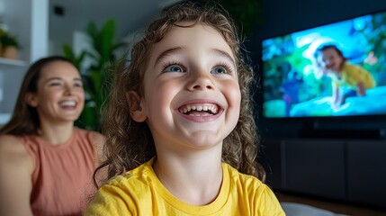 A young girl with curly hair laughs while watching television with her mother.