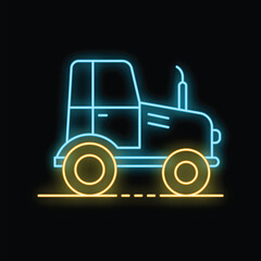 Neon glowing blue tractor driving on a road on a black background, concept of agriculture or farming