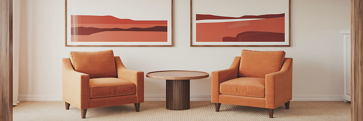 Minimalist living room with orange chairs and a wooden table  perfect for modern home decor   