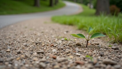 Green sprout emerging from gravel beside country road