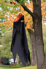 Various colorful Fall and Halloween yard and porch decorations