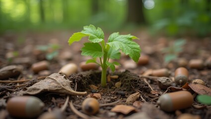 Fresh sprout emerging from cracked acorn shells in forest